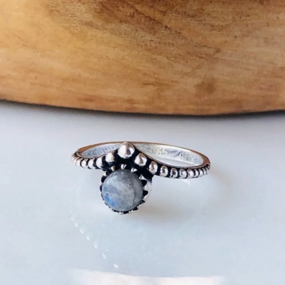 Silver Plated Dainty Blue Labradorite Boho Ring